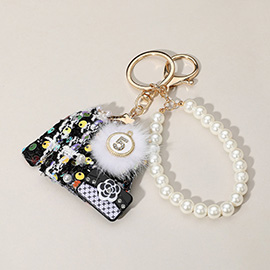 Sequin Beaded Pom Brooch Flower Handbag Tweed Jacket Pearl Chain Keychain Bag Charm