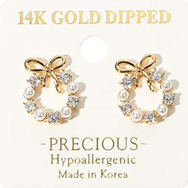 14K Gold Dipped Hypoallergenic Bow Accent Stone Pearl Wreath Stud Earrings