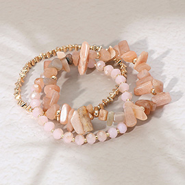 3PCS - Natural Stone Metal Faceted Beaded Stretch Multi Layered Bracelets