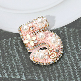 Felt Back Pearl Enamel Flower Embellished Tweed Number Five Pin Brooch