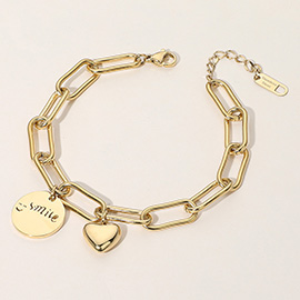 SECRET BOX_Stainless Steel Smile Engraved Disc Heart Charm Paperclip Chain Bracelet