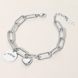 SECRET BOX_Stainless Steel Smile Engraved Disc Heart Charm Paperclip Chain Bracelet