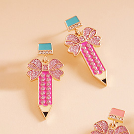 Stone Paved Glittered Enamel Pencil Dangle Earrings
