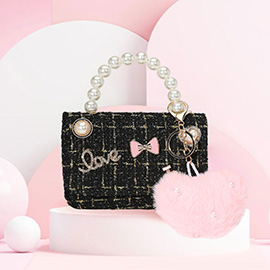 HOT FOCUS - Kids Tiny Mini Tweed Crossbody Bag with Heart Pom Pom Keychain