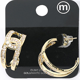 Gold Dipped CZ Baguette Stone Swirl Link Hoop Earrings