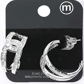 Gold Dipped CZ Baguette Stone Swirl Link Hoop Earrings