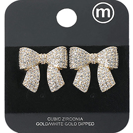 Gold Dipped CZ Stone Paved Bow Stud Earrings