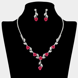Colored Rose Flower Marquise Stone Cluster Link Rhinestone Paved Necklace
