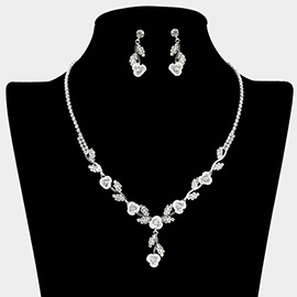 Colored Rose Flower Marquise Stone Cluster Link Rhinestone Paved Necklace