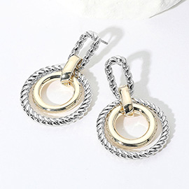 14K Gold Plated Two Tone Textured Geometric Double Hoop Drop Earrings