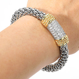 CZ Stone Paved Bar Accent Two Tone Braided Cuff Bracelet