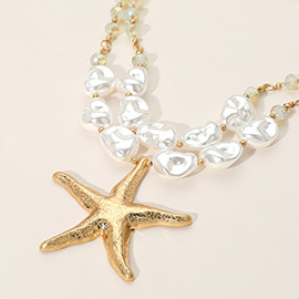 Textured Metal Starfish Pendant Pearl Beaded Statement Necklace
