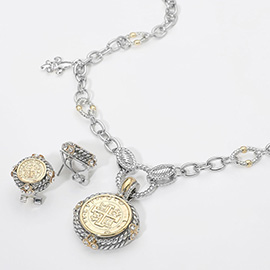 14K Gold Plated Two Tone Fleur de Lis Charm Antique Cross Embossed Coin Pendant Necklace