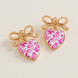 Vintage Floral Heart Drop Bow Earrings