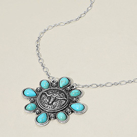 Teardrop Turquoise Stone Accent Boho Western Steer Head Pendant Necklace