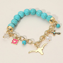 SECRET BOX_Western Steer Head Cross Heart Pearl Charm Beaded Stretch Bracelet