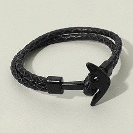Mens Genuine Leather Braided Anchor Clasp Bracelet