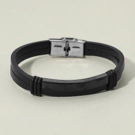 Mens Metal Plate Accent Sleek Genuine Leather Bracelet