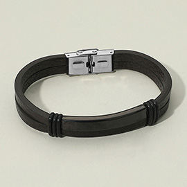 Mens Metal Plate Accent Sleek Genuine Leather Bracelet
