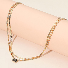 Faceted Rectangular Stone Cluster Accent Dual Layered Chain Necklace