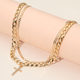 Stone Paved Cross Pendant Accent Double Layered Chain Necklace