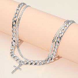 Stone Paved Cross Pendant Accent Double Layered Chain Necklace