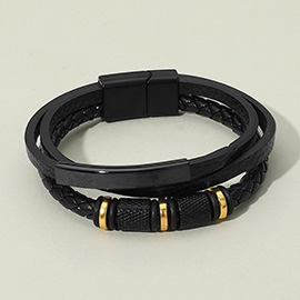 Mens Metal Accent Braided Smooth Genuine Leather Magnetic Bracelet