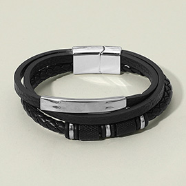 Mens Metal Accent Braided Smooth Genuine Leather Magnetic Bracelet