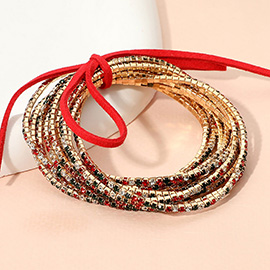 12PCS - Ribbon Colorful Rhinestone Layered Stretch Bracelets