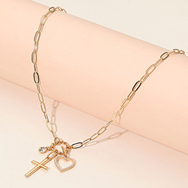 Metal Cross Pearl Open Heart Charm Pendant Paperclip Chain Necklace