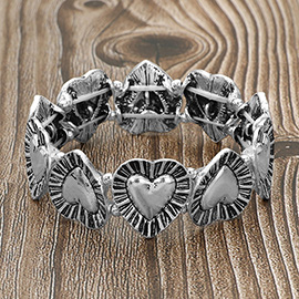 Vintage Metal Heart Motif Beaded Stretch Bracelet