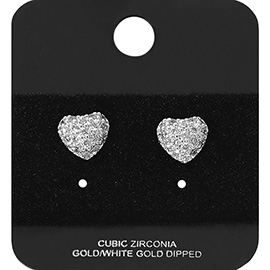 White Gold Dipped CZ Stone Paved Heart Stud Earrings