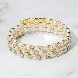 Pearl Rhinestone Lined Adjustable Coil Evening Bracelet