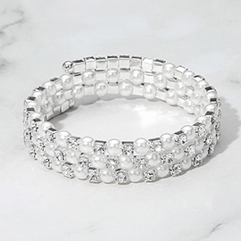 Pearl Rhinestone Lined Adjustable Coil Evening Bracelet