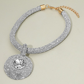 Bold Glamorous Bling Studded Round Stone Accent Pendant Statement Necklace