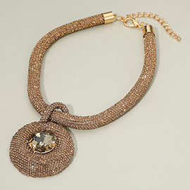 Bold Glamorous Bling Studded Round Stone Accent Pendant Statement Necklace