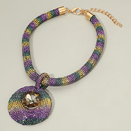 Bold Mardi Gras Bling Studded Round Stone Accent Pendant Statement Necklace