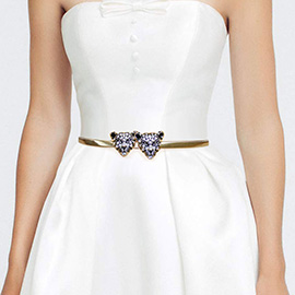 Rhinestone Paved Double Panther Head Buckle Accented Slim Stretch Metal Belt