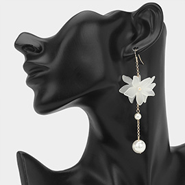 Pearl Accent Chain Detail Floral Long Drop Earrings