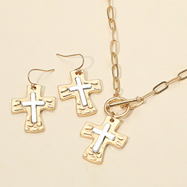 Brushed Hammered Metal Cross Pendant Paperclip Chain Toggle Necklace
