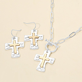 Brushed Hammered Metal Cross Pendant Paperclip Chain Toggle Necklace