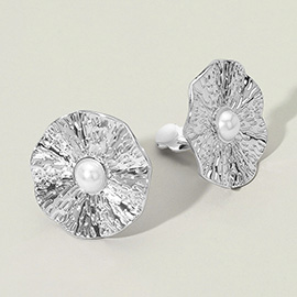 Pearl Accent Textured Flower Clip On Earrings