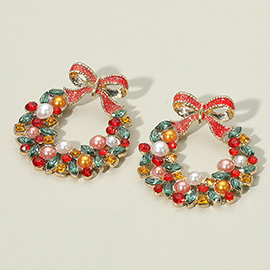 Bow Accent Christmas Wreath Earrings