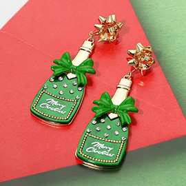 Bow Accent Christmas Champagne Bottle Dangle Earrings