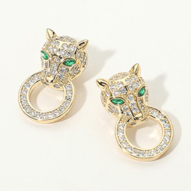 14K Gold Plated CZ Stone Paved Panther Stud Earrings