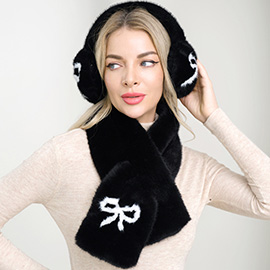 Bow Accent Fluffy Faux Fur Winter Scarf Earmuff Set