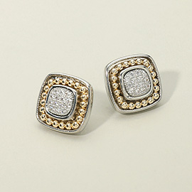14K Gold Plated Two Tone CZ Stone Paved Square Stud Earrings