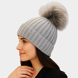 Knitted Fox Fur Pom Pom Winter Beanie Hat