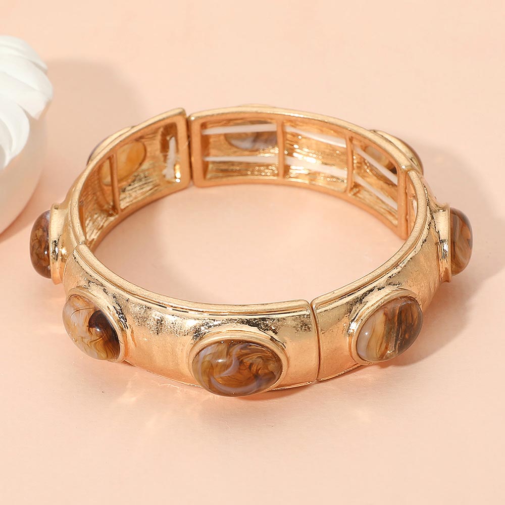 Marbled Oval Stone Accent Hammered Metal Beaded Stretch Bracelet