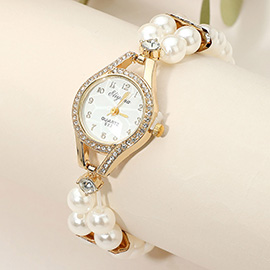 SECRET BOX_Stainless Steel Stretchable Pearl Strap Rhinestone Paved Rim Quartz Watch
